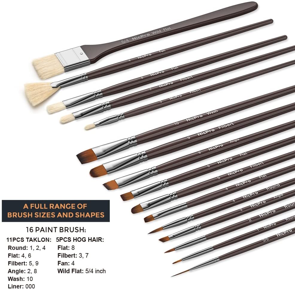 Nicpro Professional Paint Brushes 16 PCS Black Art Brush Comb