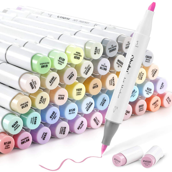 Ohuhu 48 Pastel Colors Dual Tips Alcohol Art Markers, Brush & Chisel