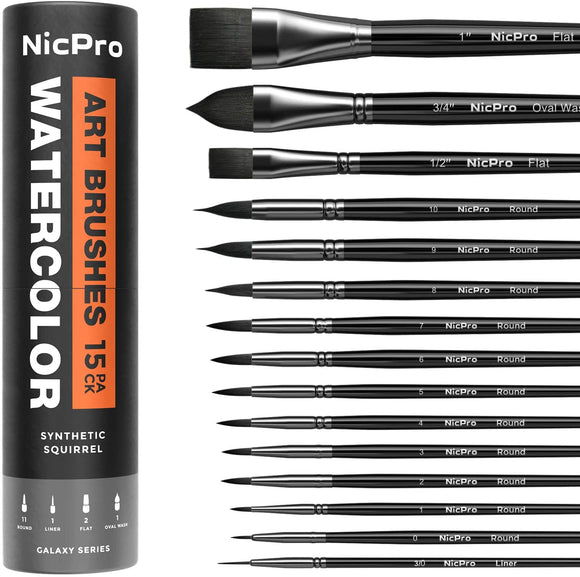Nicpro 15 PCS Professional Watercolor Paint Brushes Set