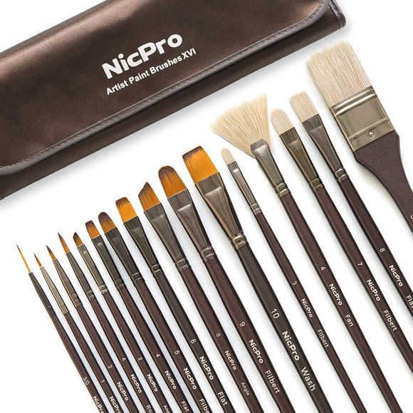 Nicpro Professional Paint Brushes 16 PCS Art Brush Comb Long Handle with Carrying Travel Bag