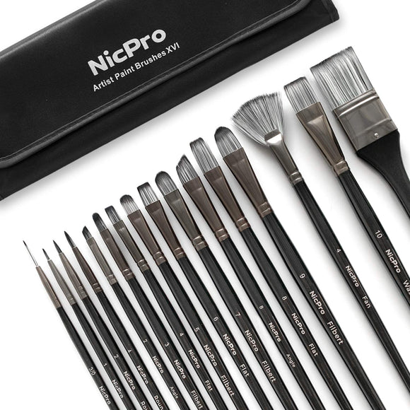 Nicpro Professional Paint Brushes 16 PCS Black Art Brush Comb Supplies Kit with Carrying Travel Bag