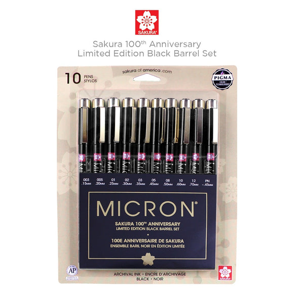 Sakura Pigma Micron Pens - 100th Anniversary, Black, Set of 10